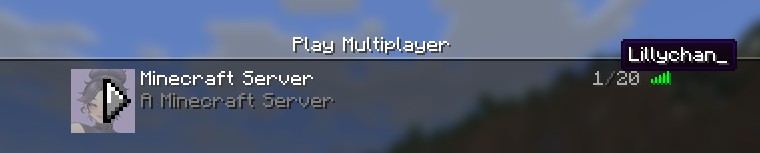 Screenshot of the minecraft multiplayer menu. The player count is being hovered and shows "Lillychan_"