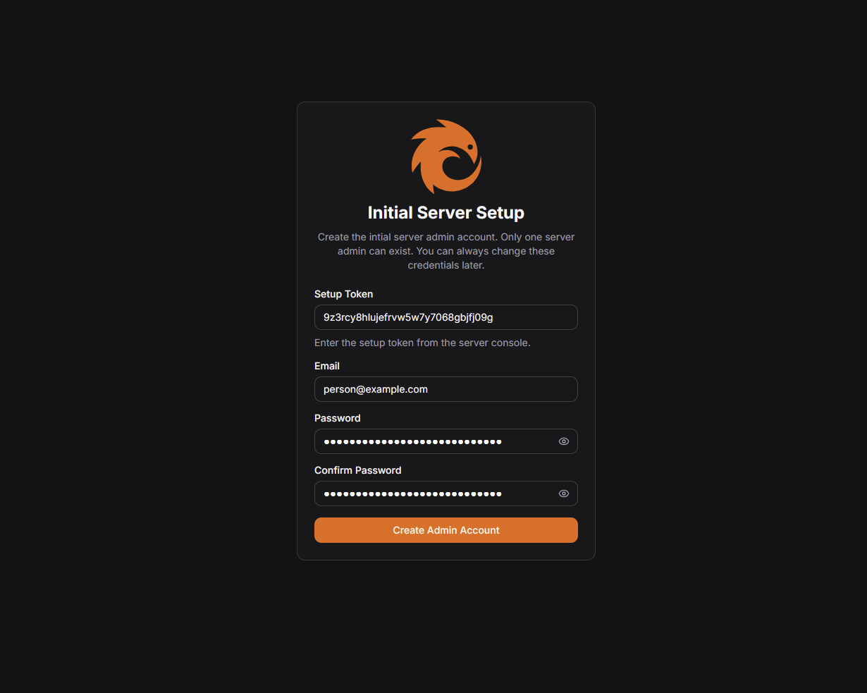 A screenshot of the setup form. All fields are filled in