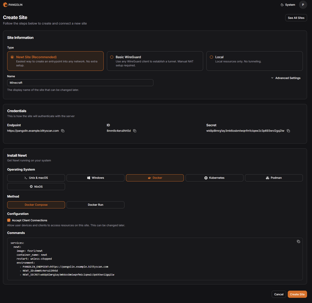Screenshot of the Pangolin interface. In the "Install Newt" sections Docker Compose is selected and on the bottom of the page is a docker compose file stub visible